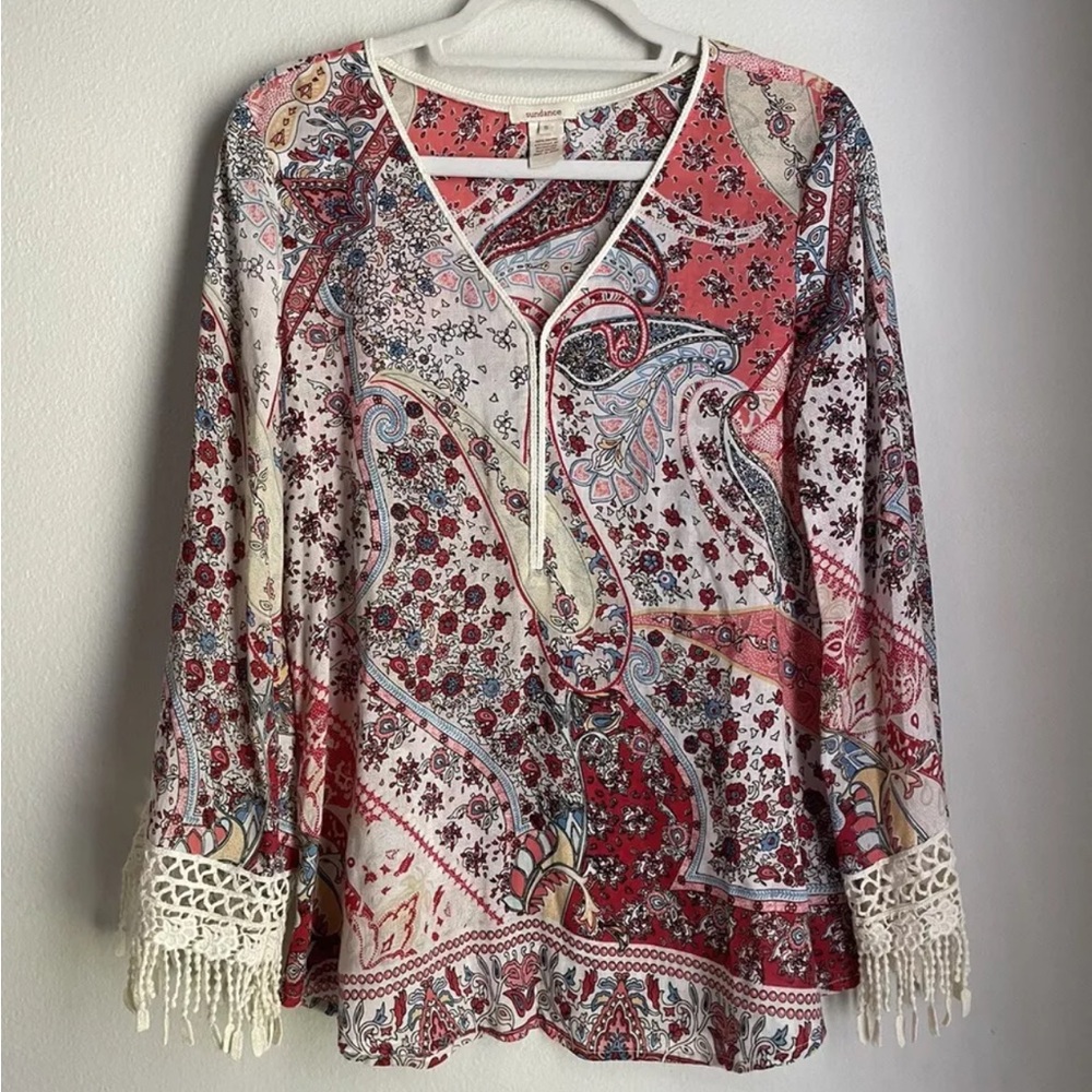 Sundance Womens Small Multicolor Paisley Bohemian Tassel Crotchet Long Sleeves